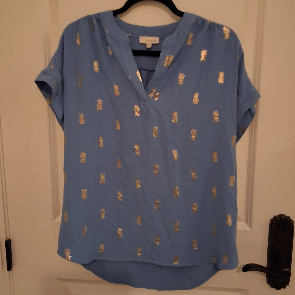 Chenault Blue Blouse with Gold Pineapple Print - Picture 1 of 6